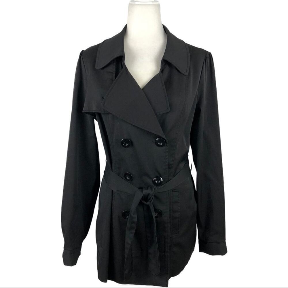 Vertigo Paris Classic Double Breasted Black Belted Trench Coat Size Medium